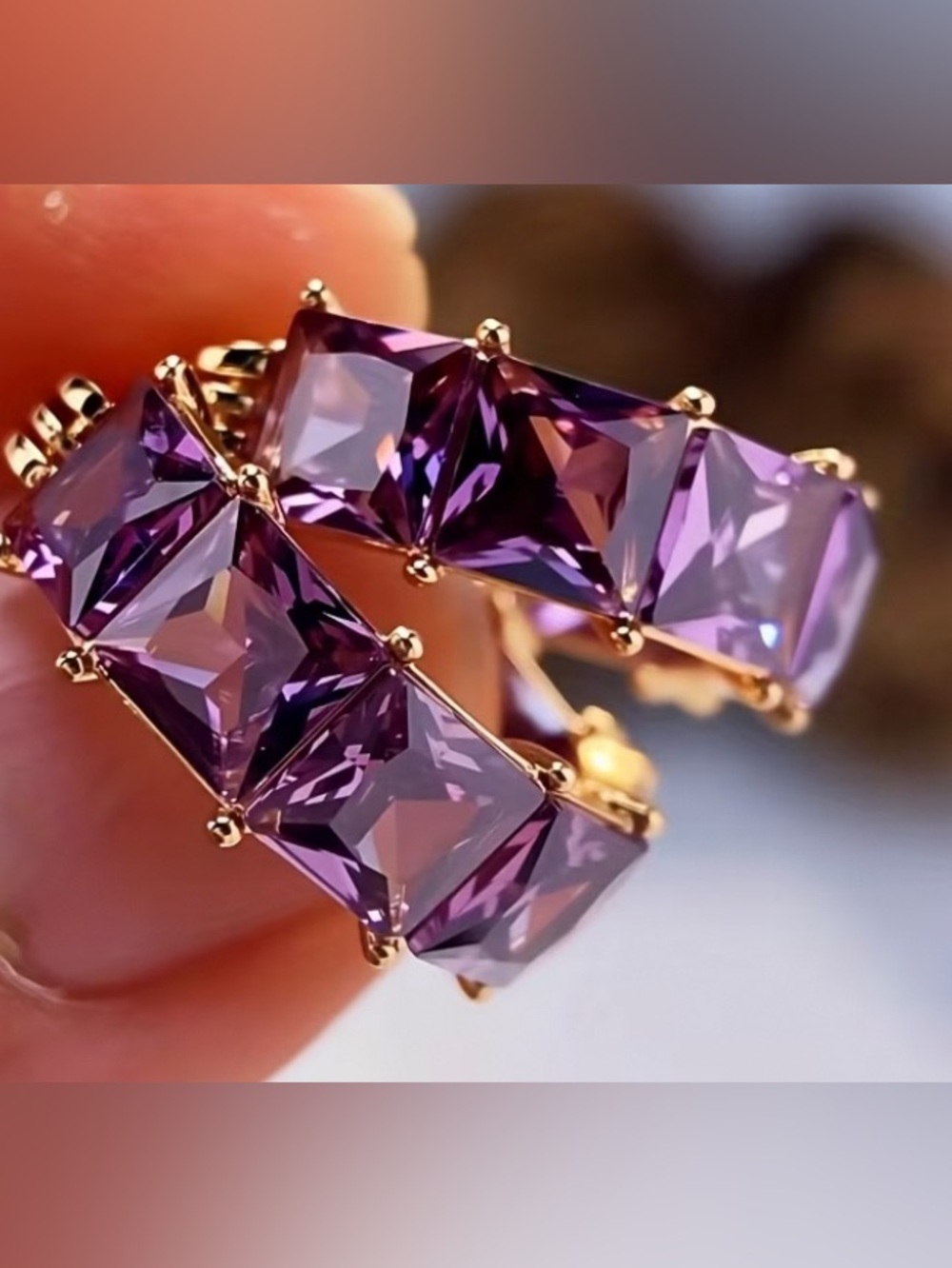 Gold Hoop Earrings with Purple Crystal Accents - Picture 2 of 3
